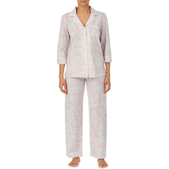 New! RALPH LAUREN Women's Paisley Print 2-Piece Knit Pajamas PJ Set Top & Pants - Picture 1 of 3